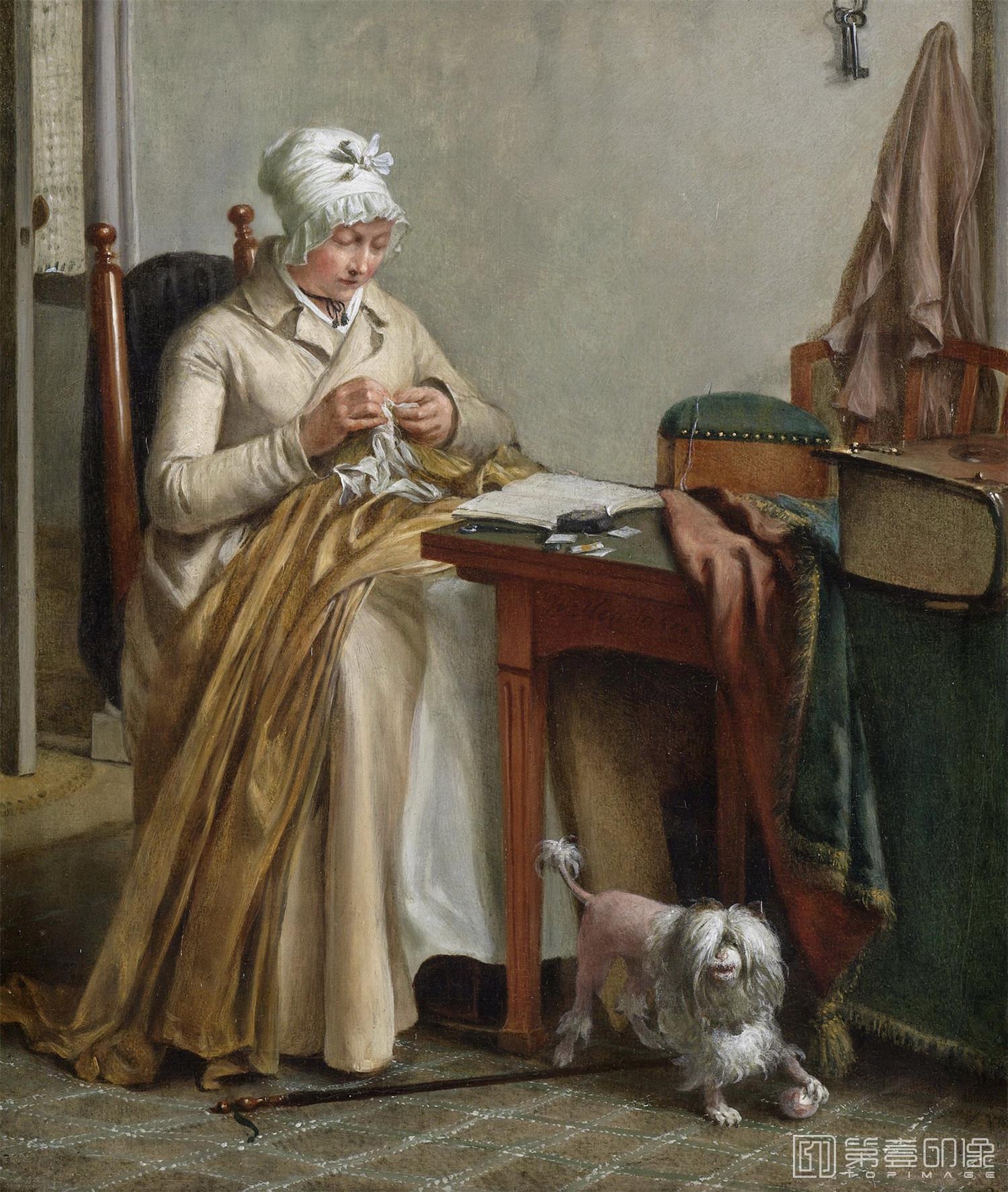油画-荷兰阿姆斯特丹国家美术馆-Hendriks Wybrand Interieur met naaiende vrouw 1800 - 1810-0617
